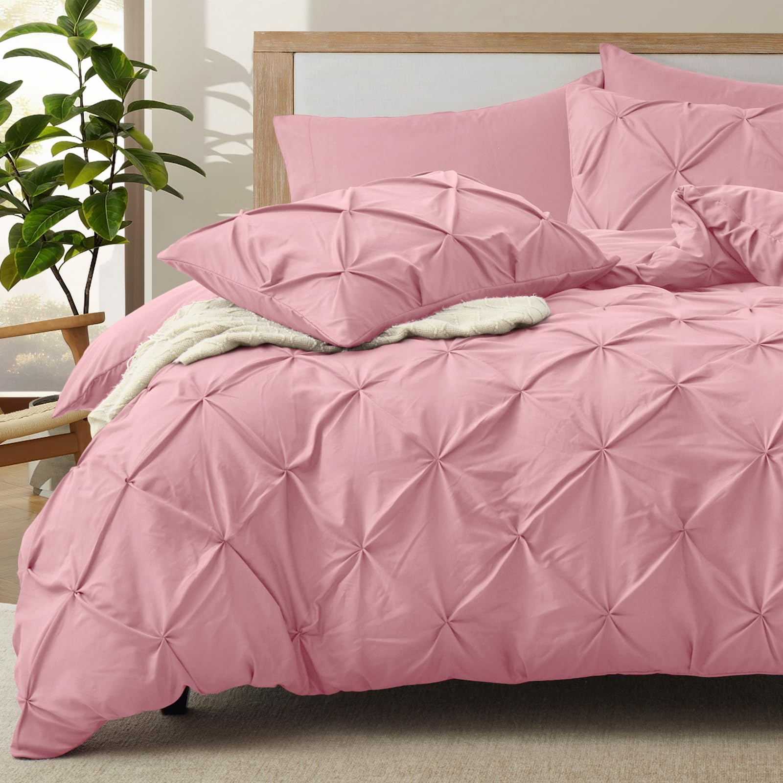 Vacvelt 5 Piece Pinch Pleated Duvet Cover California King Size Set, Pink Pintuck Duvet Cover With Zipper & 8 Ties, Soft Microfib